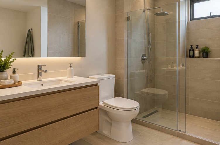 Baño de apartamento con ducha en vidrio, enchape neutro y mueble de madera