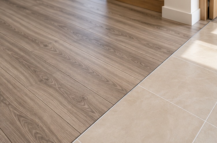 Encuentro de piso laminado gris cálido y baldosa cerámica clara
