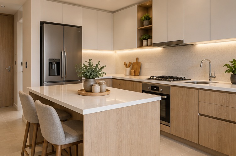 Cocina contemporánea de apartamento con gabinetes de madera clara, mesón claro e iluminación cálida