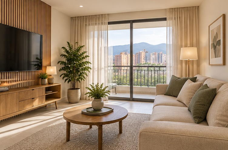 Sala acogedora de apartamento con mobiliario neutro y detalles de madera